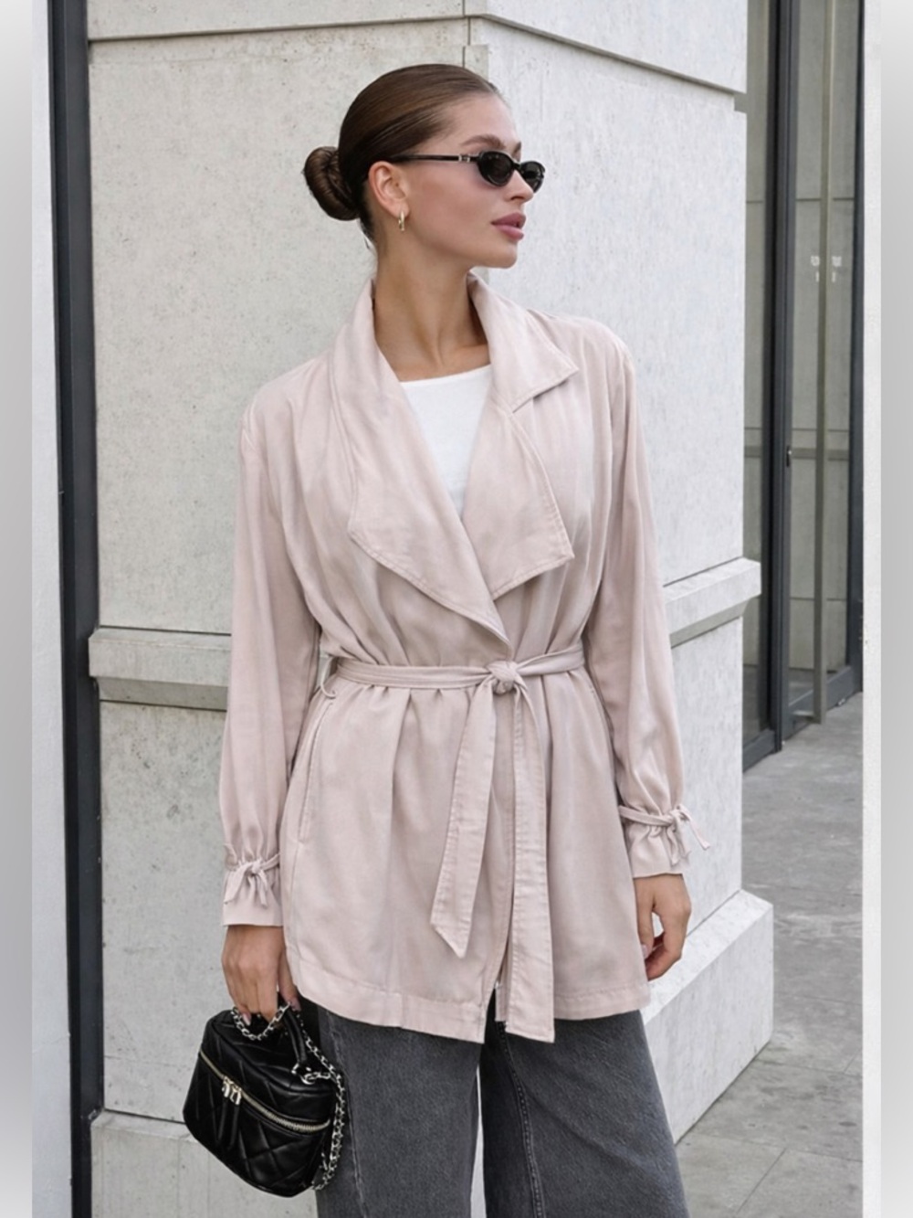 Gianni Bini Tencel Belted Trench Jacket Size L Soft Taupe Draped Fall Layer